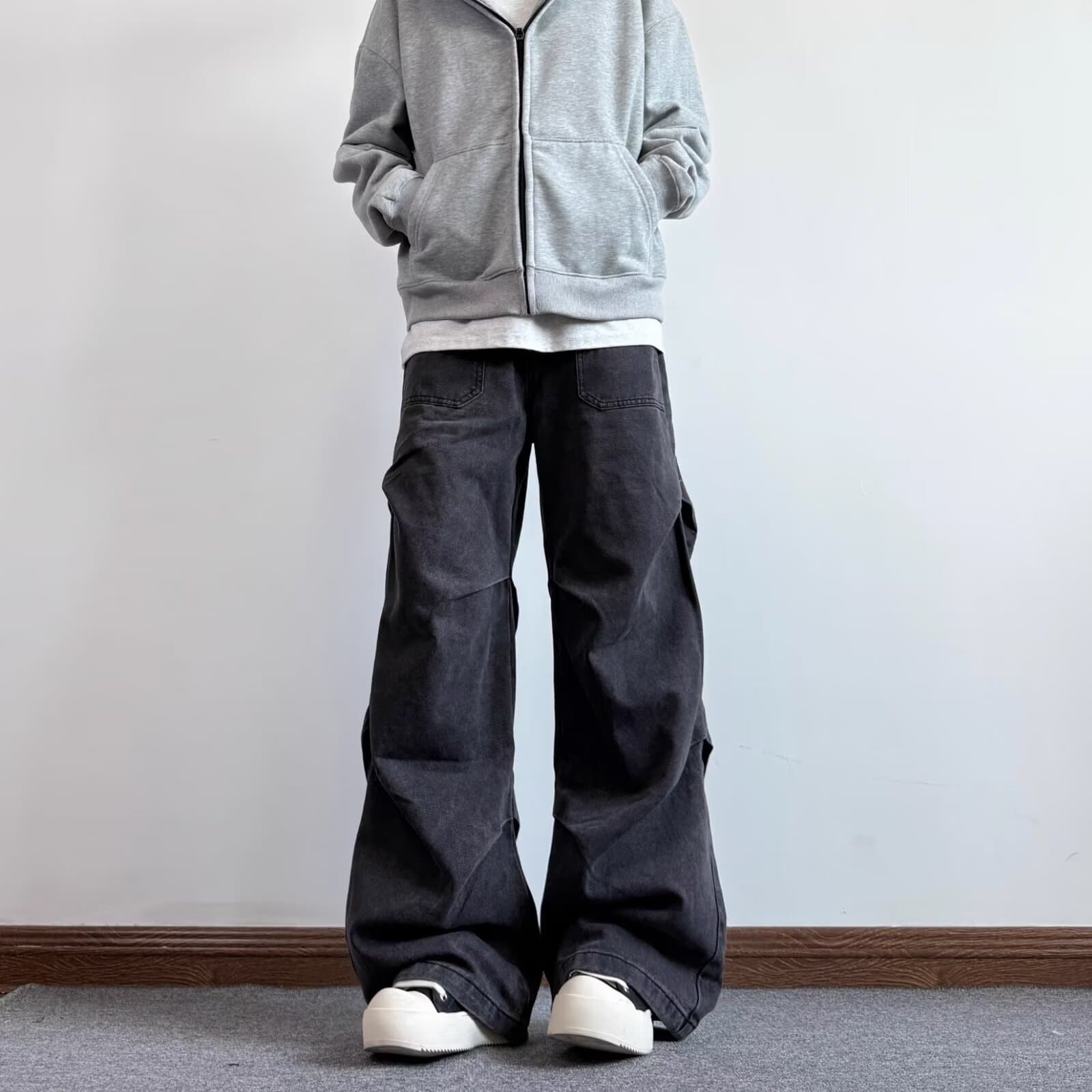 American Trendy Brand Cloth Brother Blog Autum Retro Loose Pleated Washed Jeans Men's Straight Cargo Pants