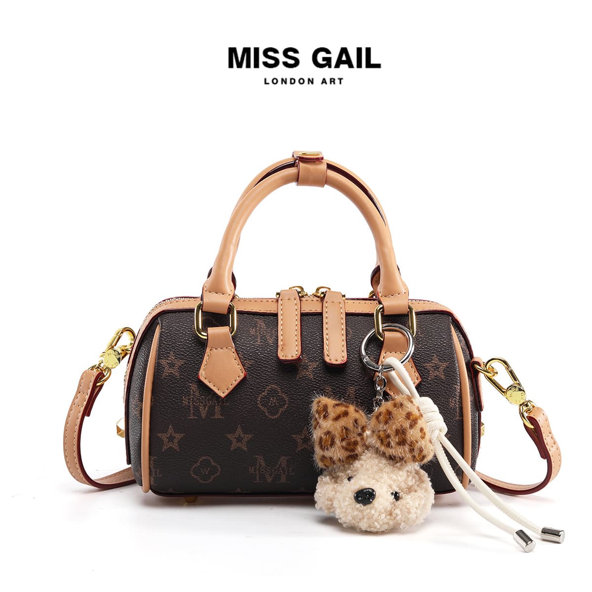 Miss Gail Versatile Handbag with Exquisite Small Dog Pendant Print Boston Crossbody Shoulder Bag for Women