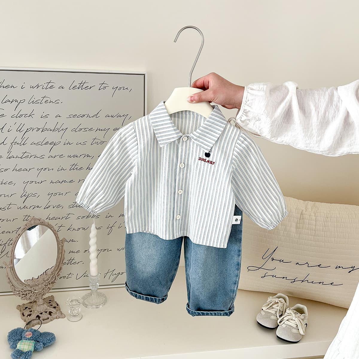 Dianxi boys' shirt suit spring and autumn new style baby boy style vertical striped shirt and jeans two-piece set