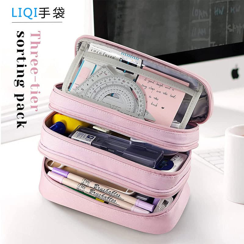 Cross-border Creative Large Capacity Pencil Case Custom Double Zipper Handle Student Stationery Ruler Storage Pencil Bag