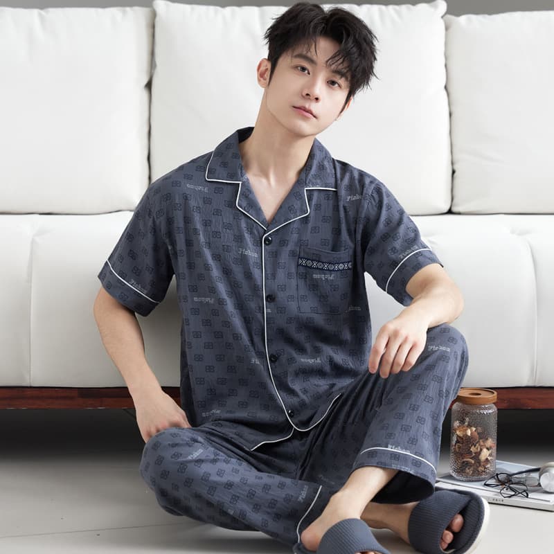 Luxury Cardigan Pajama Set for Middle-Aged Men, Spring/Summer Short Sleeve and Long Pants, High-End Loungewear, Cloud Cotton Fabric, Wholesale