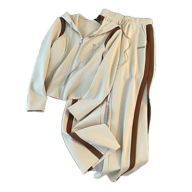 Casual Sport Set European Style New Fashion Zip-Up Hooded Jacket + Wide-Leg Pants Two-Piece Set for Women