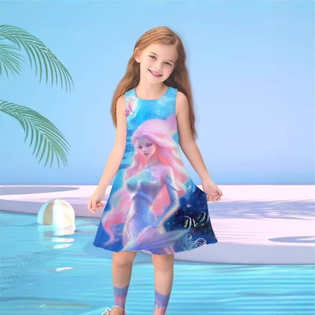 Cross-border hot-selling mermaid pattern 3D printed skirt girl's cute sleeveless princess skirt