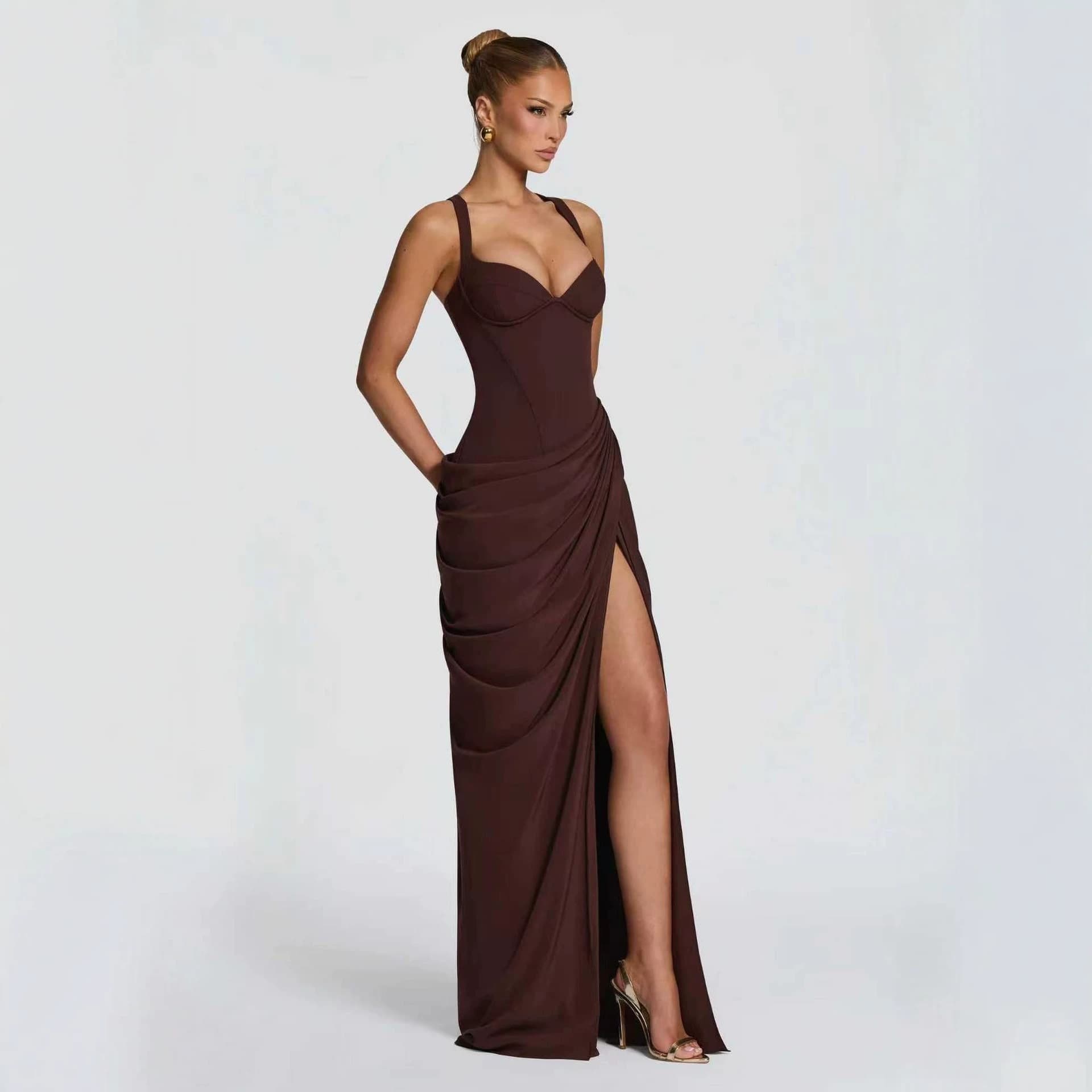 European and American INS style women's evening dress long dress 2026 summer fashion sexy suspender backless high slit dress
