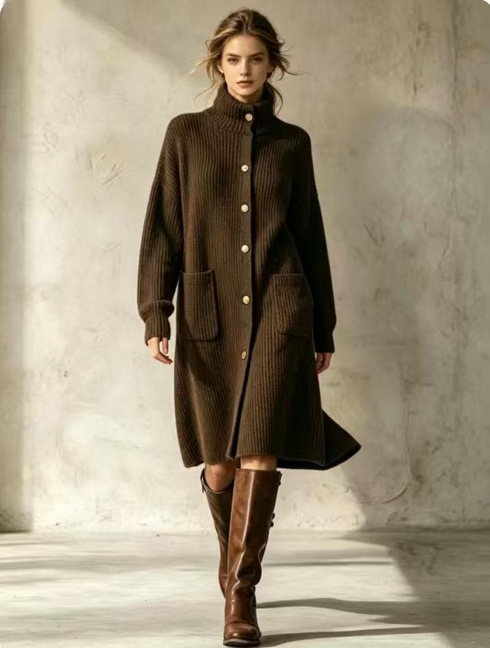 2026 European and American Export Lazy Style High Neck Single-Breasted Solid Color Long-Sleeve Knit Cardigan Mid-Length Coat for Women Spring and Autumn