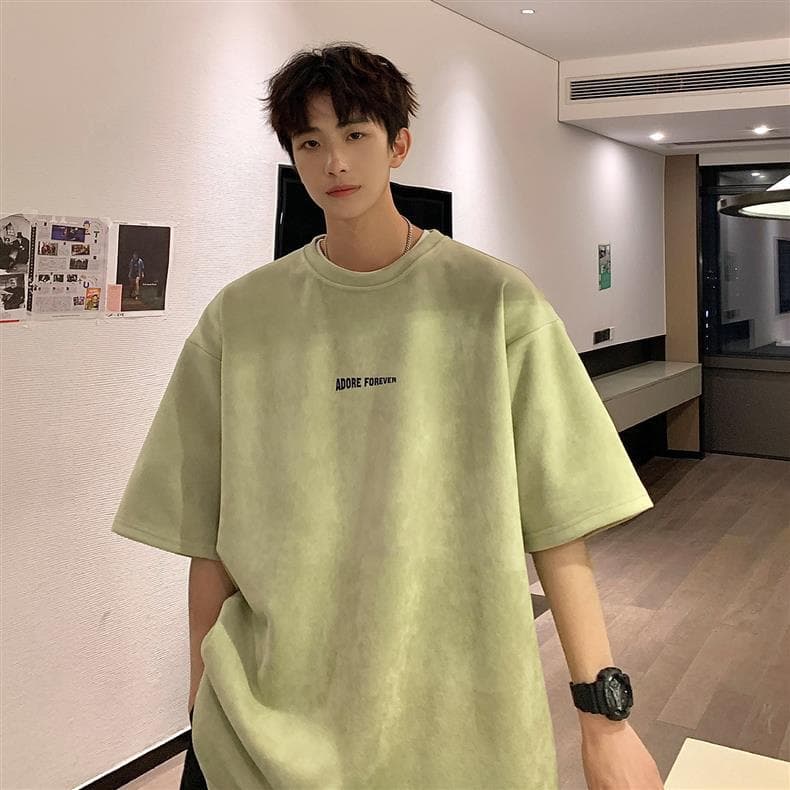 Personalized Fresh Avocado Green 300g Heavyweight T-Shirt American Retro Oversize Small Collard Suede Short Sleeve