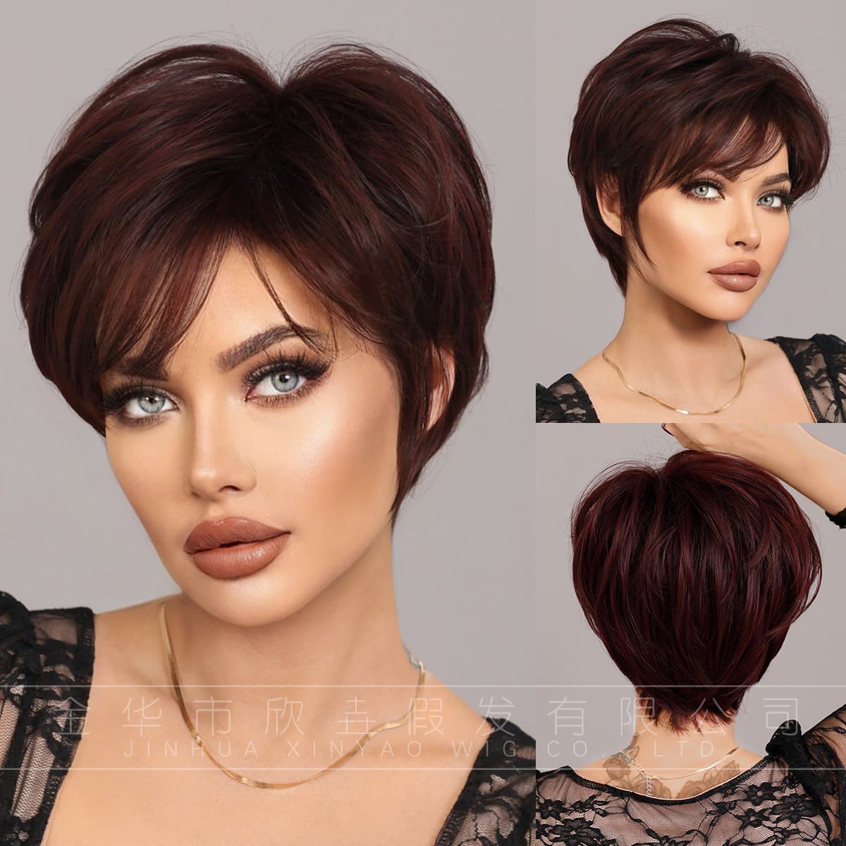 European and American Elf Wig for Women, Short Black-Purple Granny Hair with Side Bangs, Full Synthetic Wig from Factory