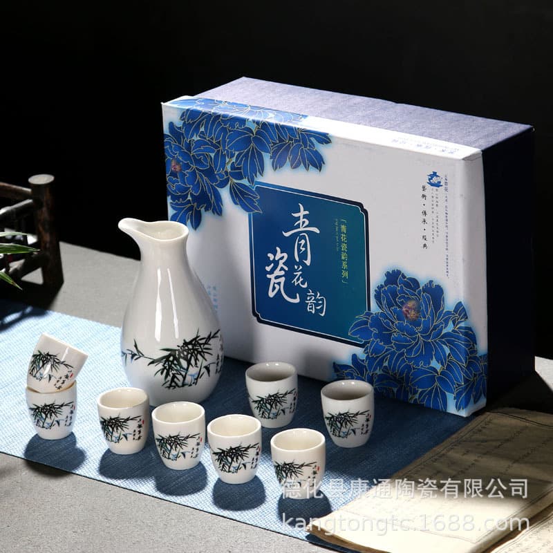 Creative One-Pot Eight-Cup Ceramic Wine Set, Chinese Baijiu Cup and Pot, Retro Liquor Dispenser Gift Box with Logo