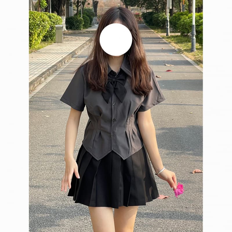 Waist-Cinching Shirt Set Grey JK Shirt Short Sleeve Black Pleated Skirt Uniform Slim Fit Sweet and Spicy Top Cross-Border Direct Sales