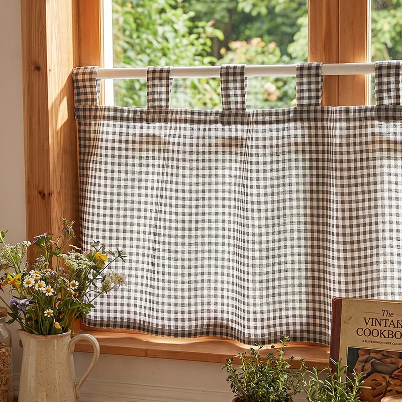 2026 New Small Grid Coffee Curtain Home Decorative Shade Curtain Washable Rod Pocket Style Fabric Short Curtain