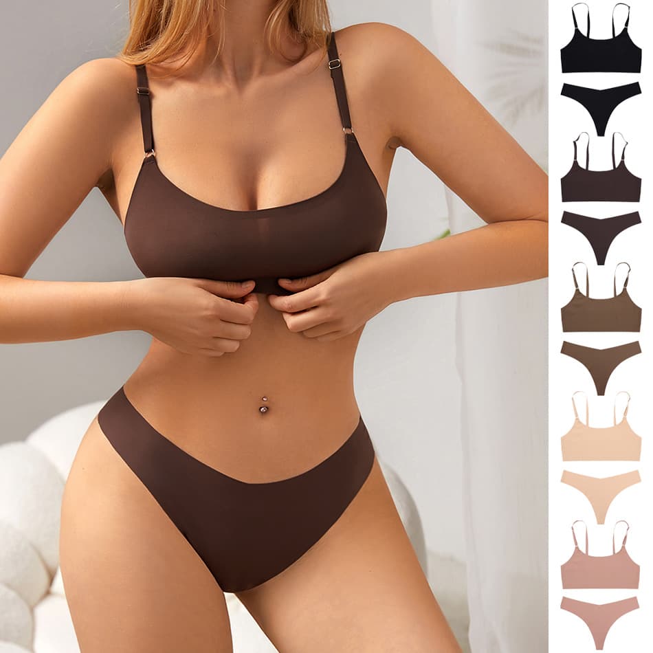 Seamless Thin Plus Size Lingerie Set T-Shape Backless Adjustable Wire-Free Bra Enhances Small Bust Cross-Border Supply