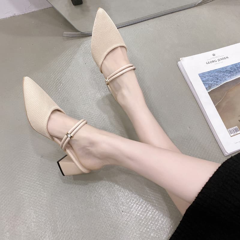 Baotou Slippers Women Outdoor 2025 Trendy New Style Two-Way Sandals Chunky Heel Fashion Knitted Breathable High Heels Wholesale