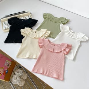 INS Summer New Baby Girl Flutter Sleeve Top Ruffle Collar Doll Shirt Versatile Solid Color Ribbed Thin Baby T-Shirt