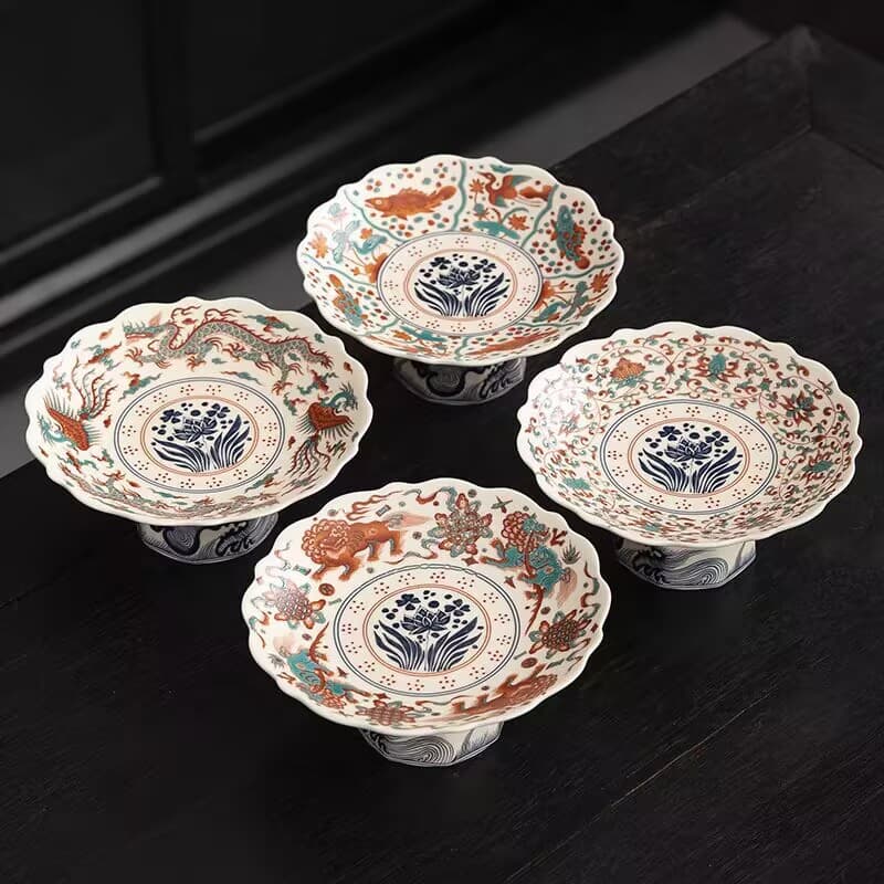 Chinese-style fruit tray for living room coffee table, high-footed plate, ceramic national style tea snack plate, offering plate