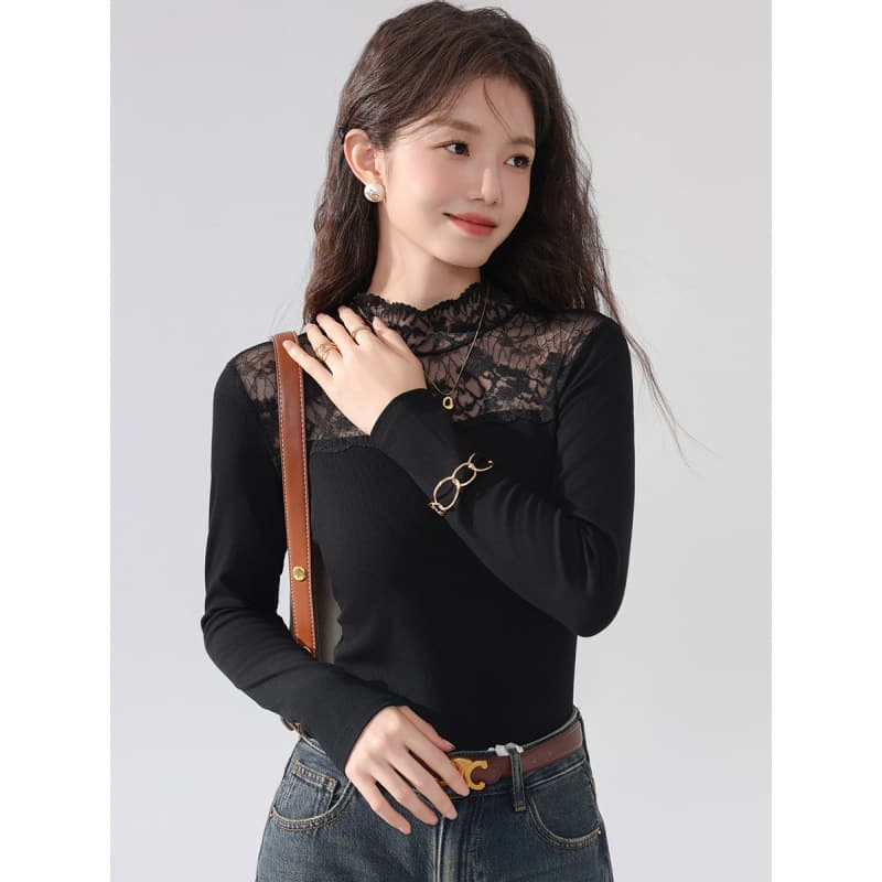 Lace Top Women Long Sleeve 2024 Fall Winter New Slim Fit Half High Neck Mesh Inner Layering Stylish Blouse