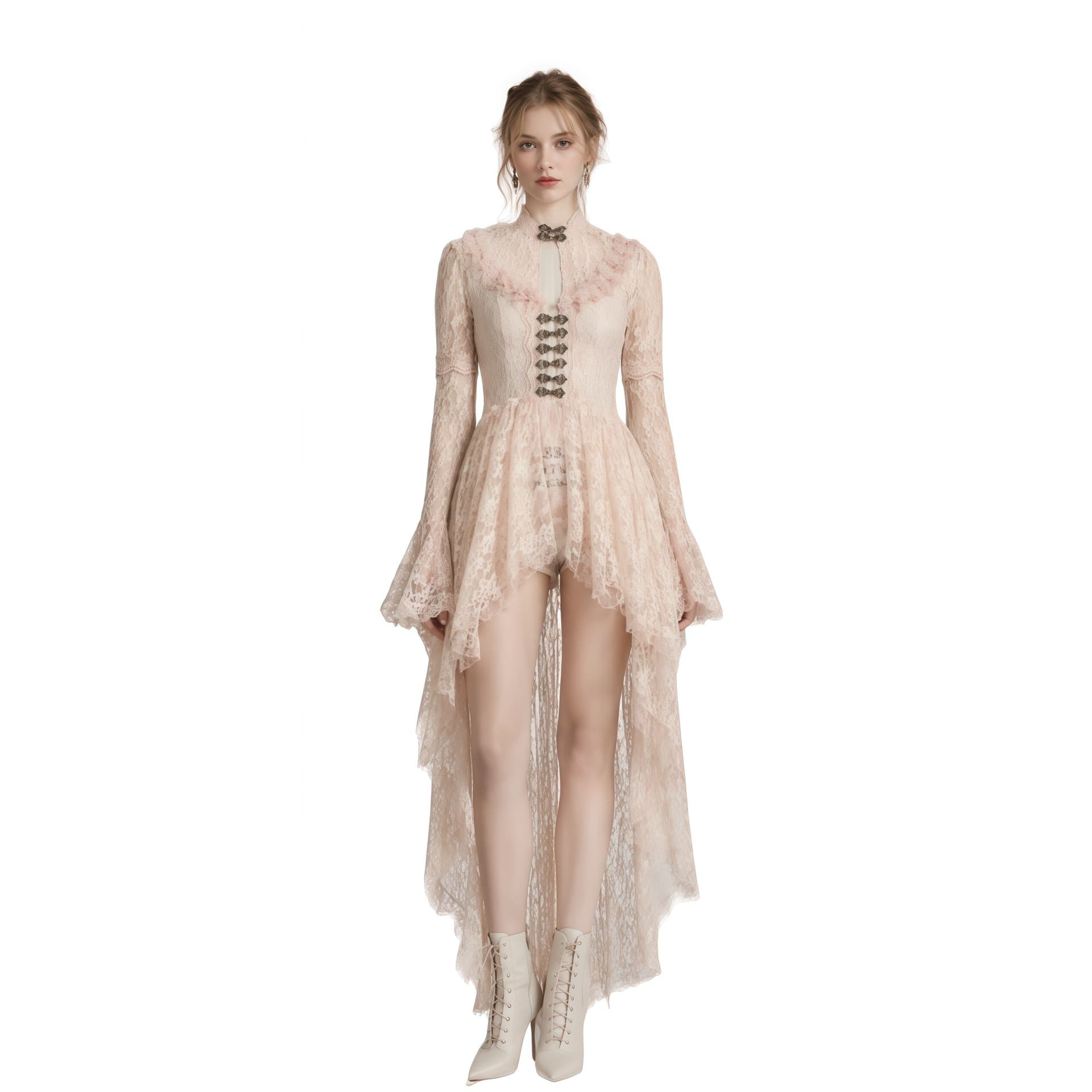 European and American Retro Medieval Court Party Lace Dress Gown with Contrast Collar and Flared Sleeves