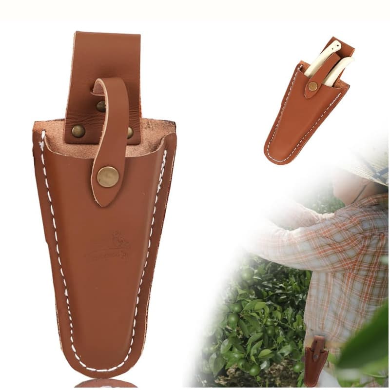 Leather sheath for garden scissors, pliers, and other tools.