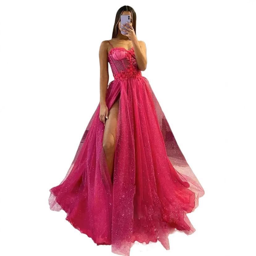 Source factory net red explosion silver spray craft evening dress women's banquet black strap high split dress wholesale