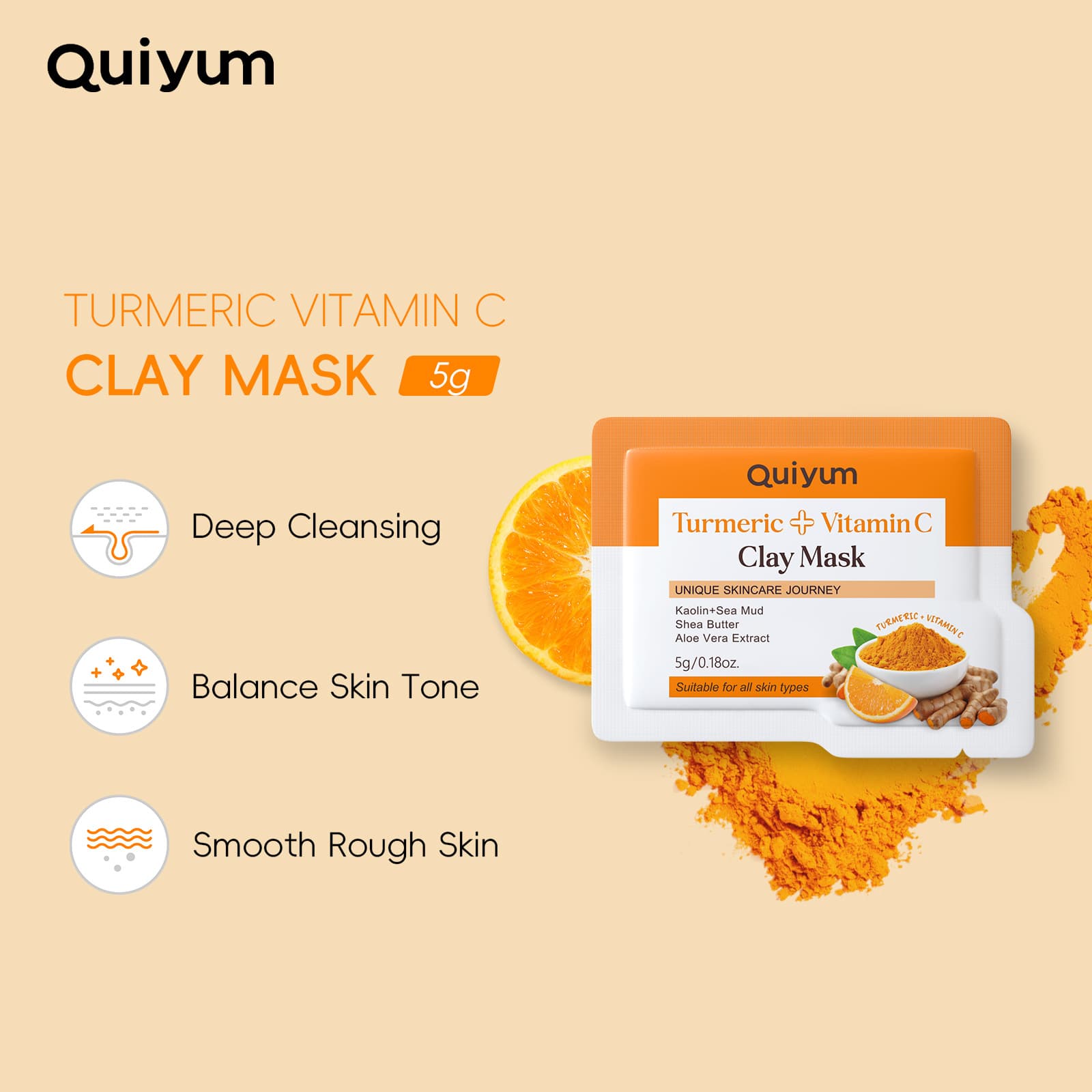 Cross-border QUIYUM Mask Sheet English Turmeric Vitamin C, hydrating, moisturizing, cleansing, foreign trade sheet 5g skincare