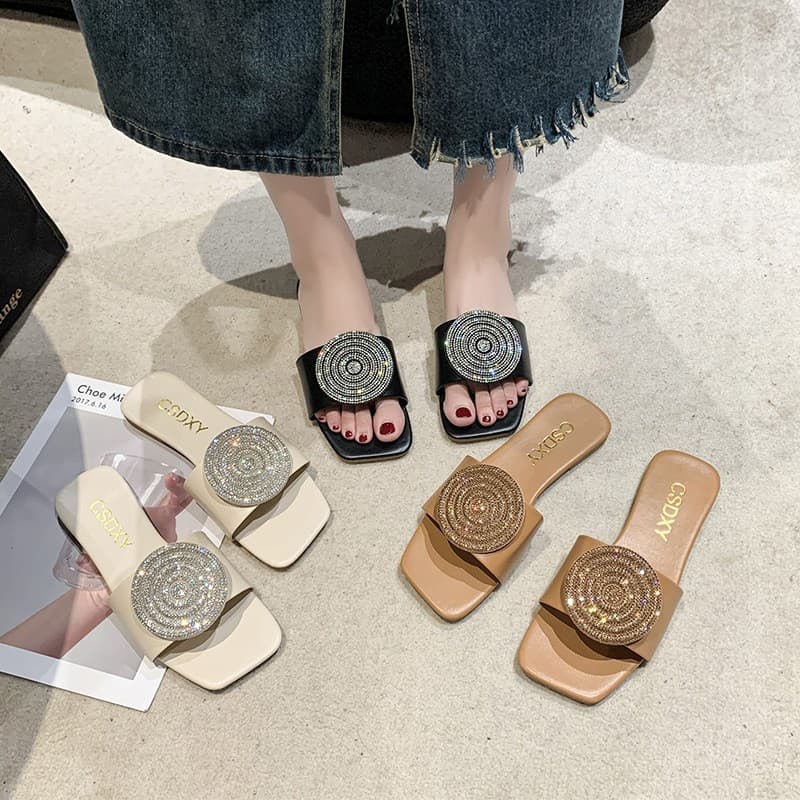 2025 New Large Size Flat Slippers Women Slippers Square Toe Rhinestone Round Cake Slippers