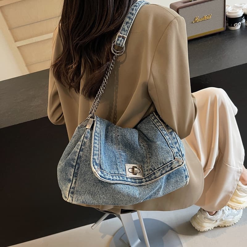 Casual Hong Kong Style Denim Crossbody Bag Shoulder Bag Tote Bag Leisure Commute Flap Lock Underarm Bag