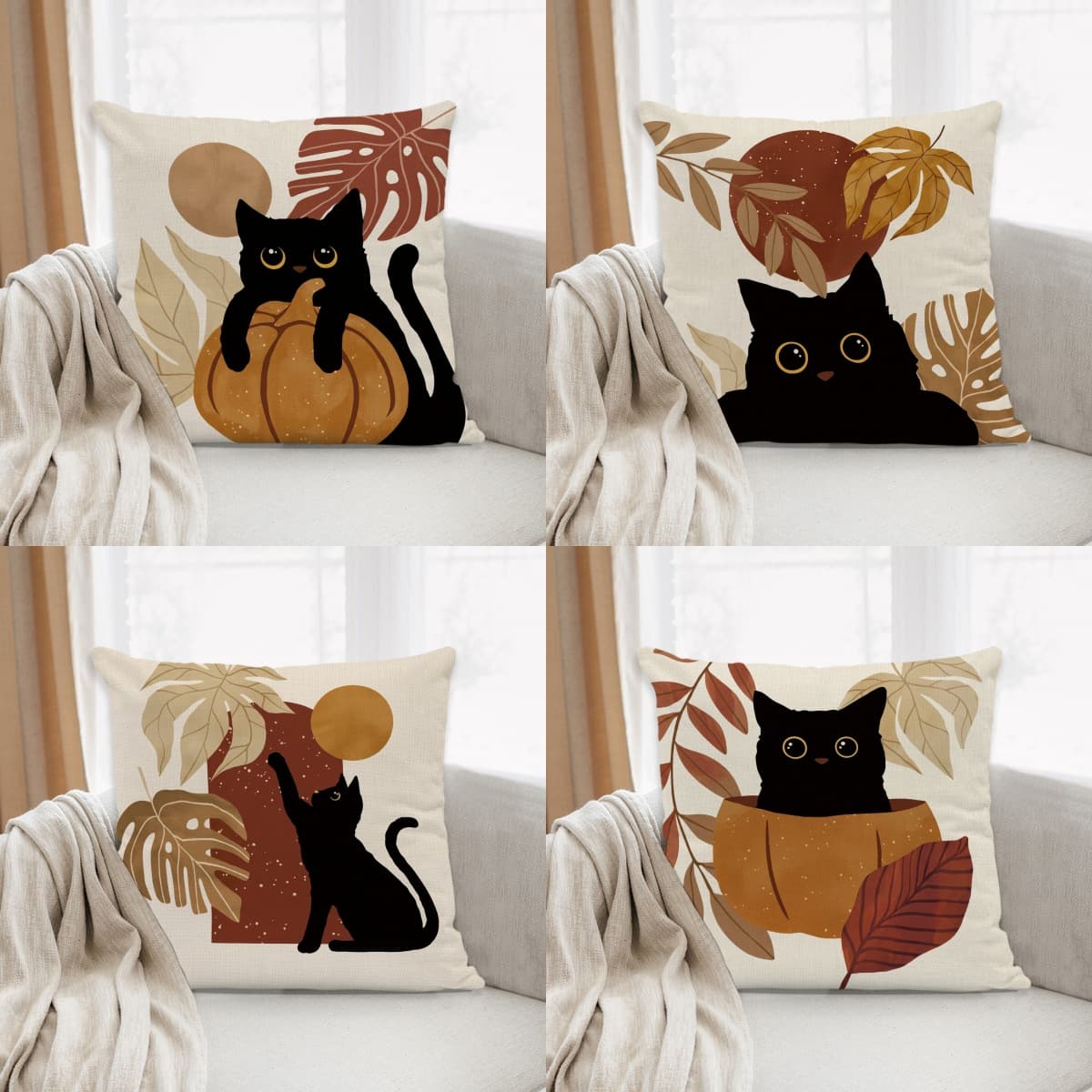 Reed Pumpkin Black Cat Autumn Print Squirrel Floral Pillow Cover Pattern for Living Room Sofa Cushion Cover Without Insert