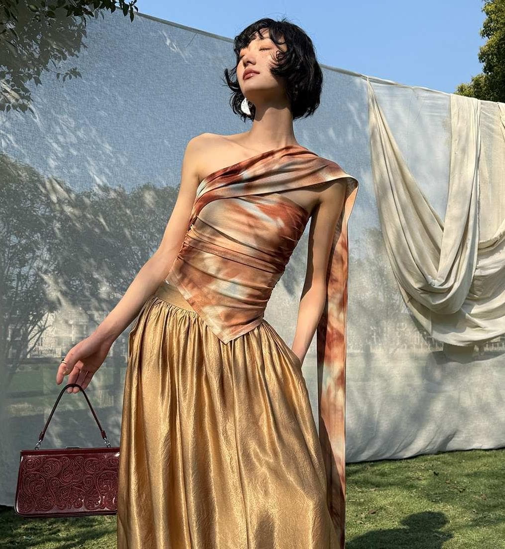 Women's Summer Fashion Vacation Trendy Tube Top Vest, Strapless Camisole, Printed, Unique Pleated, Retro Cropped Style