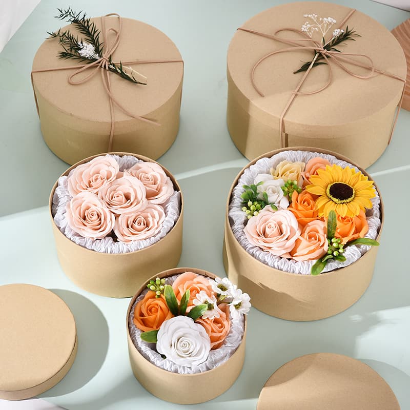 Premium Round Kraft Paper Baking Gift Box, Creative Soap Flower Round Box with Lid, Birthday Gift Box