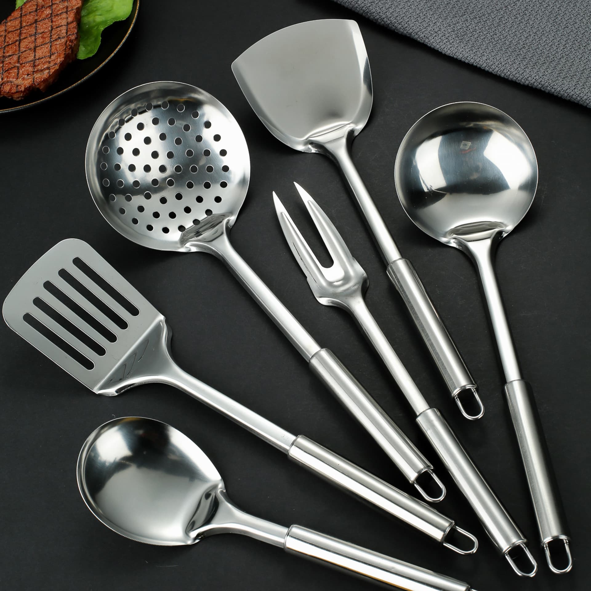 Hedeli round tube kitchen utensils, stainless steel kitchen utensils six-piece set, porridge spoon, spatula set, gift can be added with logo