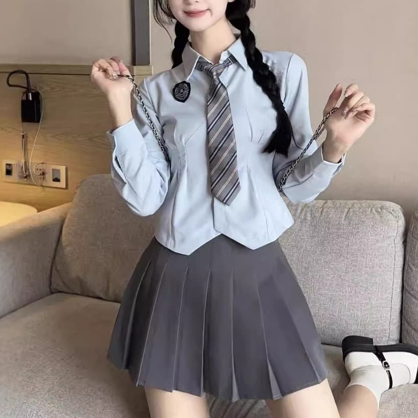 Waist-Cinching Uniform Set JK College Wind Spicy Girl Short Sleeve Shirt, Autumn Top Cute and Sexy Style Slim Fit White Shirt