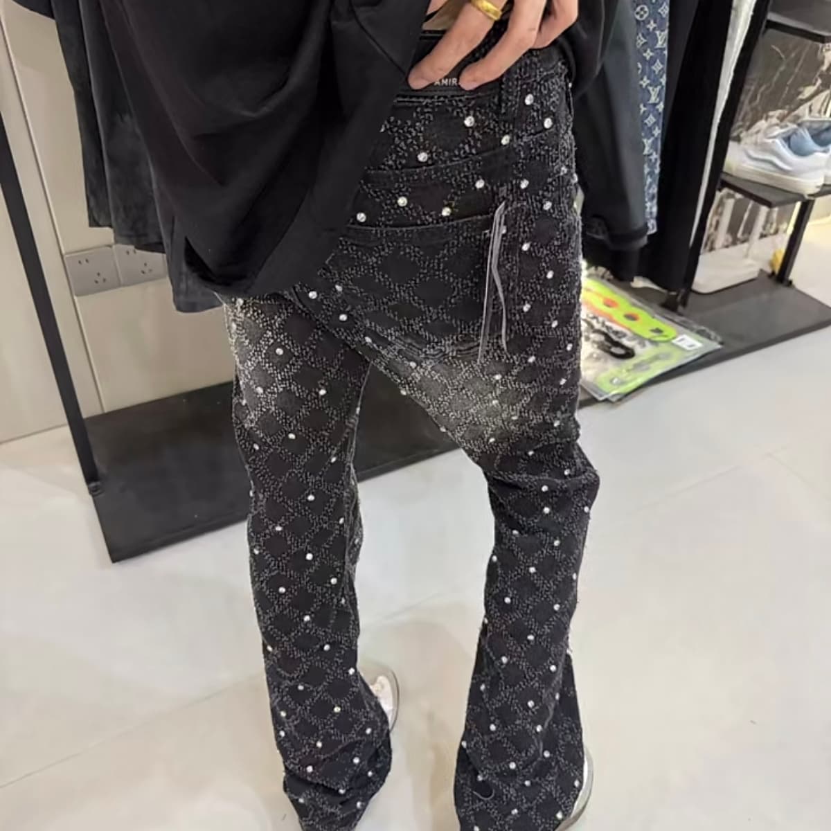 Trendy New Men's Starry Sky Jeans with Personality, Slight Flare, Slim Fit, Ripped, Trendy, Stretchy, Casual Black Pants