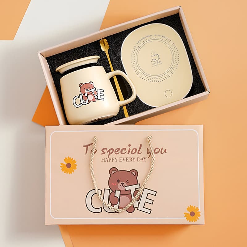 Cartoon Bear Constant Temperature Cup Set Ceramic Mug Gift Box Set Opening Creative Small Gift Souvenir