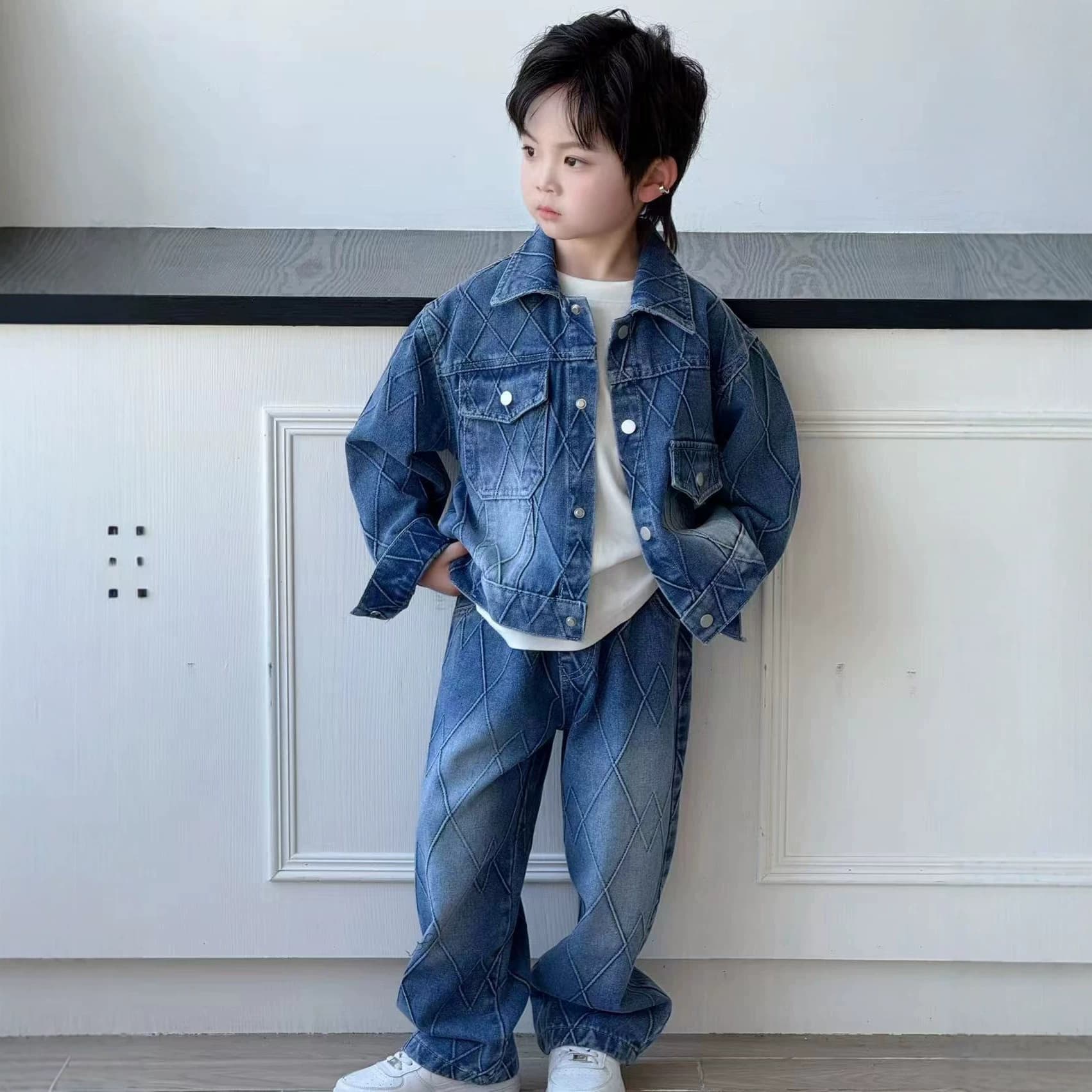 Kids Suits, Children's Boy Girl Denim, Medium to Large Kids, Denim Set, Diamond Pattern, Foreign Trade, Cross-Border, Button-Down Two-Piece Set