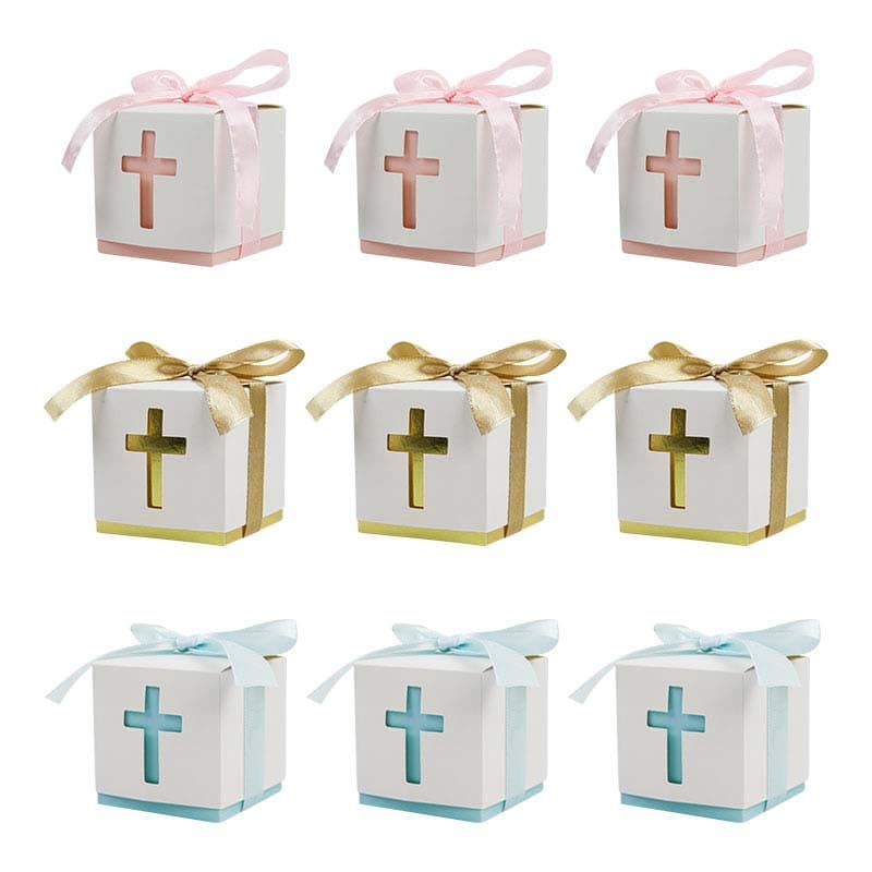 Hollow Cross Ribbon Gift Box, Blue, Gold, Pink Three Colors, Party Baptism Favor Wedding Candy Packaging Box