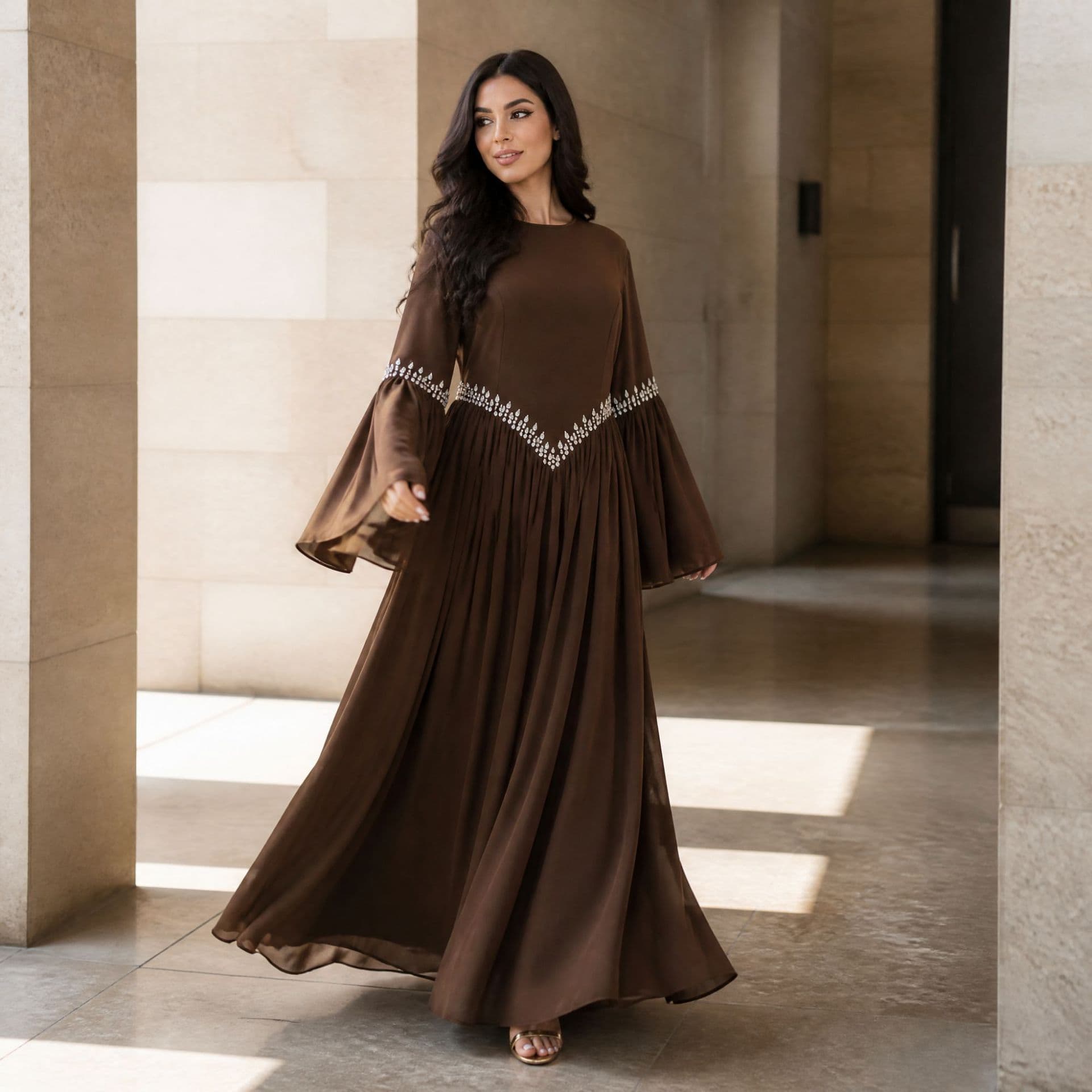 Ai Yi Rui real-shot direct output, hand-studded flared sleeve cinched waist dress HQ002