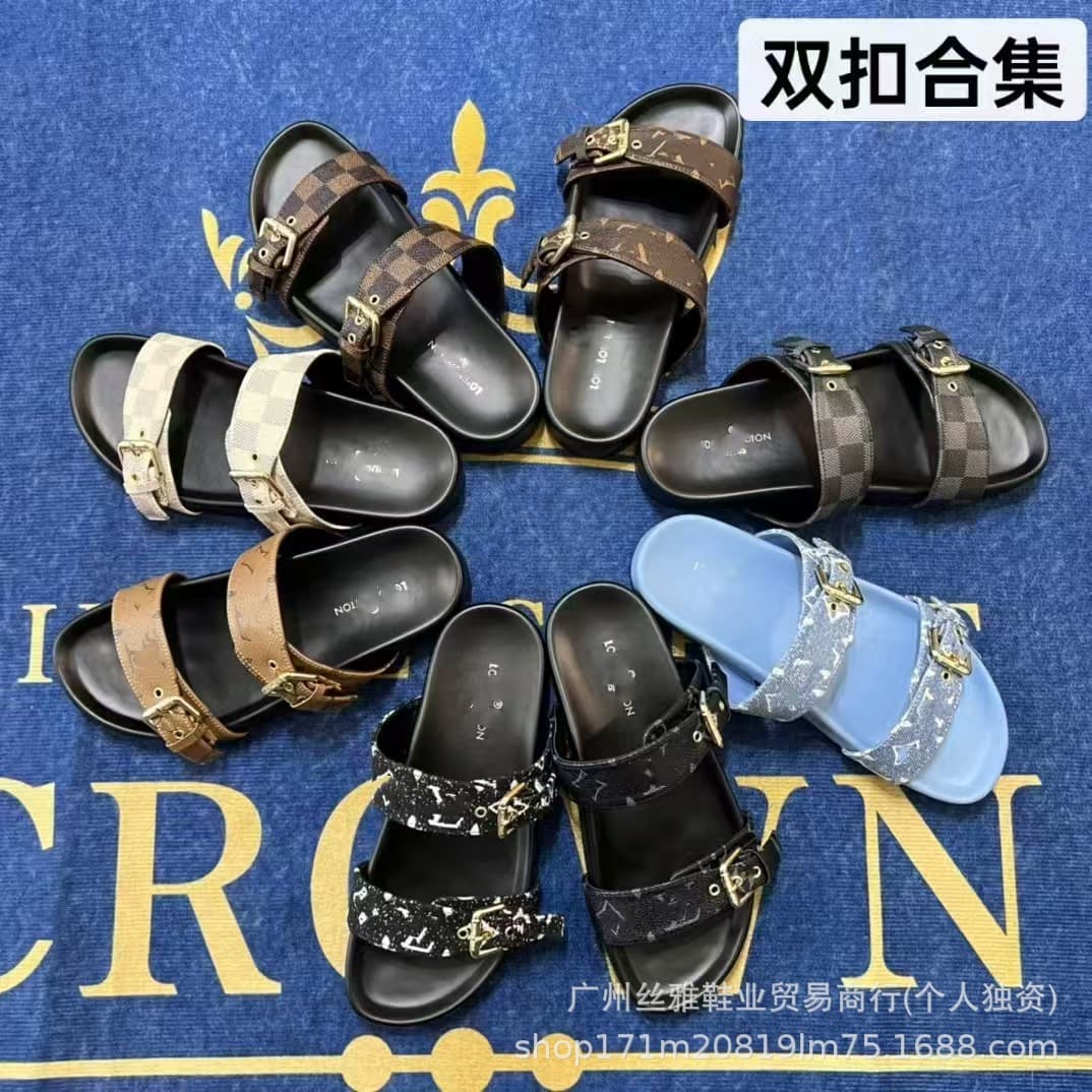 Foreign trade L family slippers high version presbyopic letter rubber metal buckle men and women same style flat bottom slippers wholesale