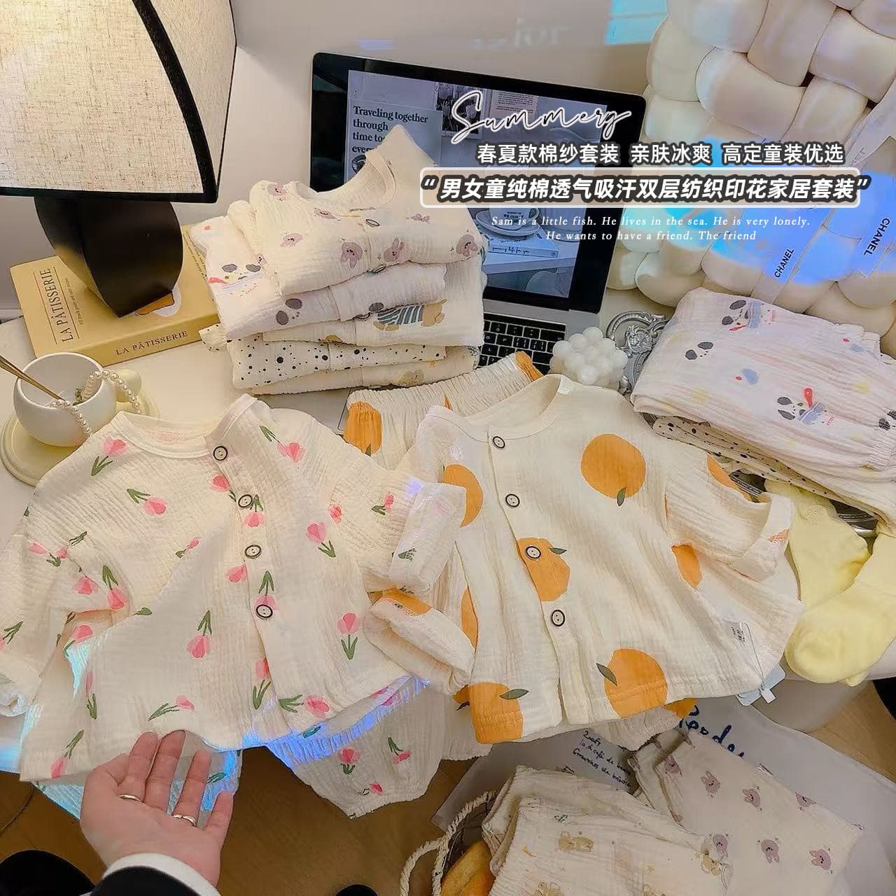 Children's Cotton Gauze Air Conditioning Wear Summer Thin Long-Sleeve Home Outfit A-Class Baby Boy Girl Separated Pajama Set A
