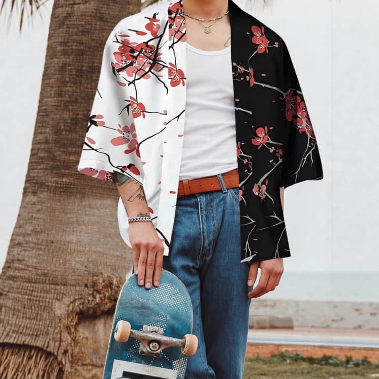 Haori Kimono Cardigan Ethnic Style Fashion Retro Plum Blossom Black White Print Japanese Europe America Loose Versatile Three-quarter Sleeve