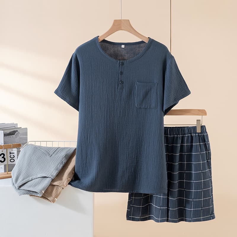 Summer Men's Cotton Double-Layer Gauze Pajamas, Short Sleeve and Short Pants, Cotton Crepe Homewear, Round Neck Pullover, Plaid