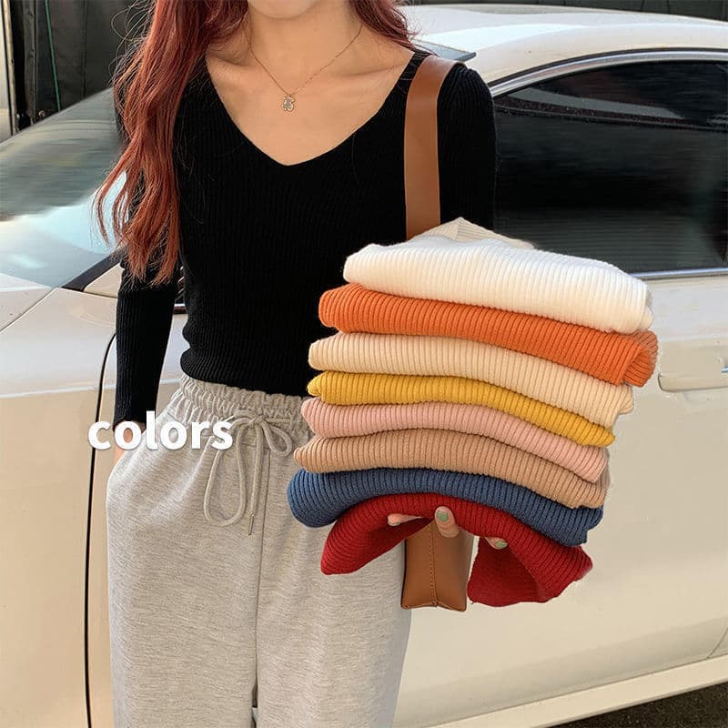 V-neck sweater 2023 autumn new bottoming shirt women's slim slim solid color sweater long-sleeved inner top short
