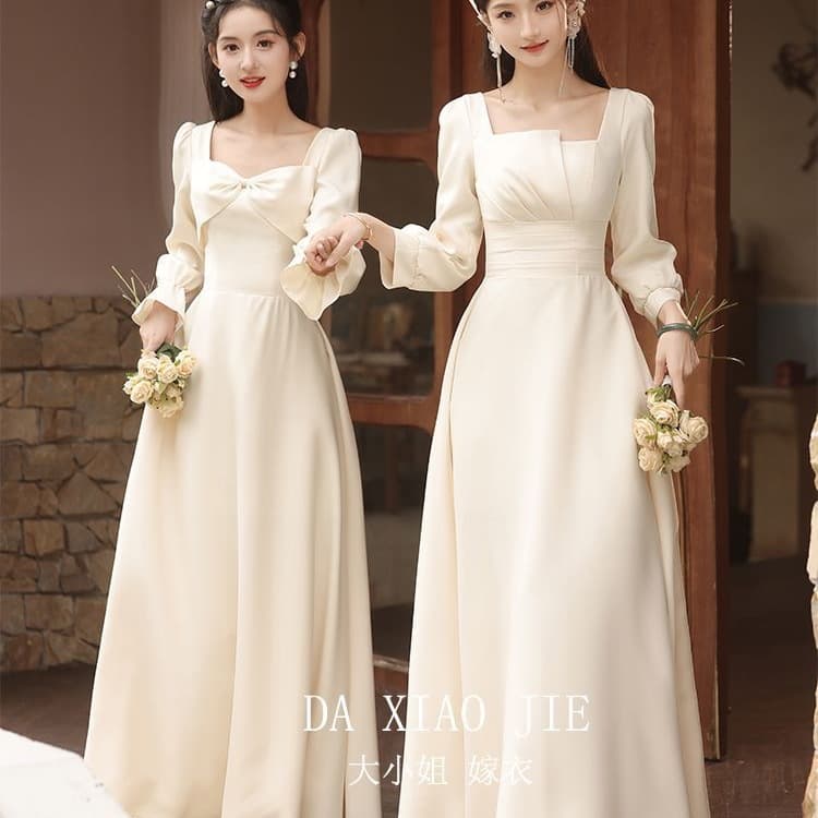 Bridesmaid Dress Spring Autumn Long Sleeve Sister Dress Champagne Color Wearable Daily Niche High-End Evening Gown