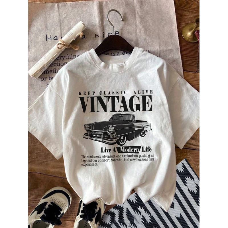 OMEGA Cotton TVintage Car Print Women T-Shirts Street Breathable Co