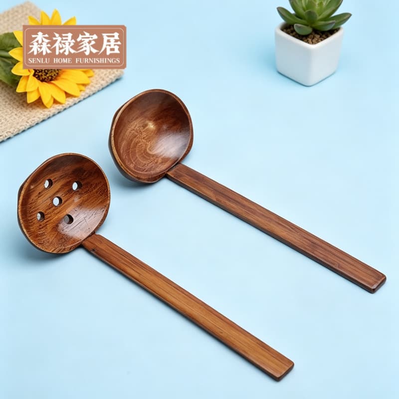 Japanese Style Wooden Ladle and Strainer, Long Handle Hot Pot Spoon, Octagonal Turtle Shell Spoon, Ajisen Ramen Spoon, Bamboo Handle Strainer Wholesale