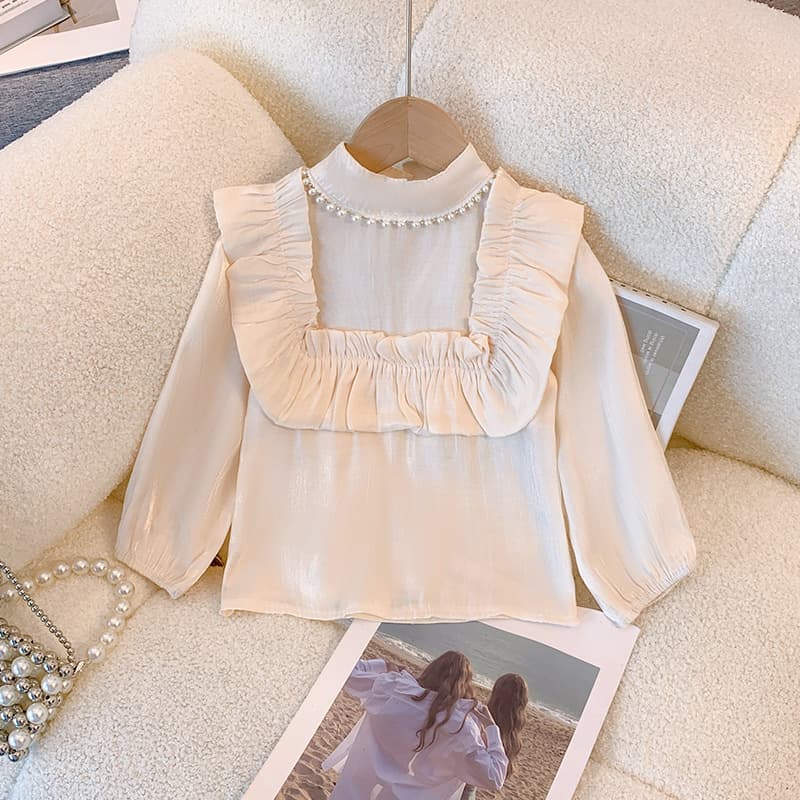 Girls Spring and Autumn Shirts 2024 New Korean Style Western Style Long Sleeve Collar Pearl White Shirt Children's Lace Doll Collar
