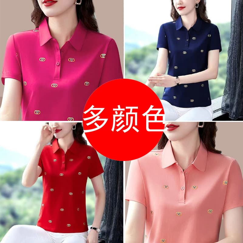 Cross-border Independent Print T-Shirt for Women New Style Middle-aged Mother's Thin Short Sleeve Polo Shirt Top