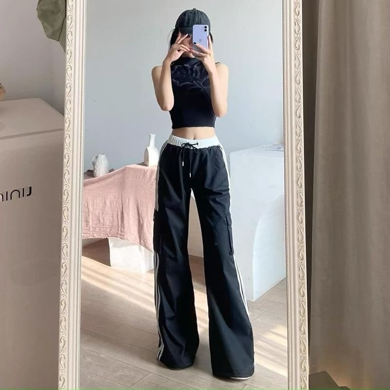 Vintage American High-Waist Striped Black Casual Pants New Style Cargo Pants Loose Fitting Trendy Straight Leg Casual Sports Long Pants