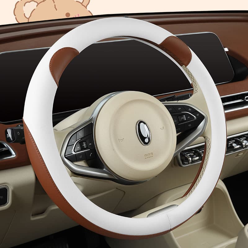 Cartoon Bear Ear Full Leather Nappa Steering Wheel Cover Car Interior Decoration for Women Cute All Seasons Universal