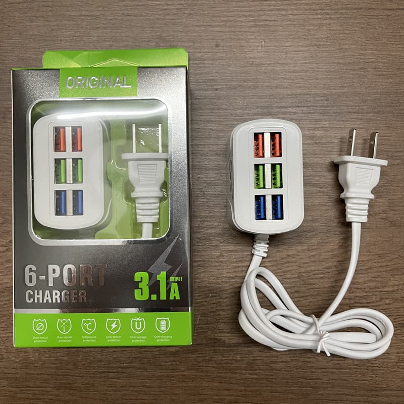 3A New Model Long Socket Charger with 6 USB Ports for Apple and Android Phones Universal Multi-Port Charger Head Power Strip for Export