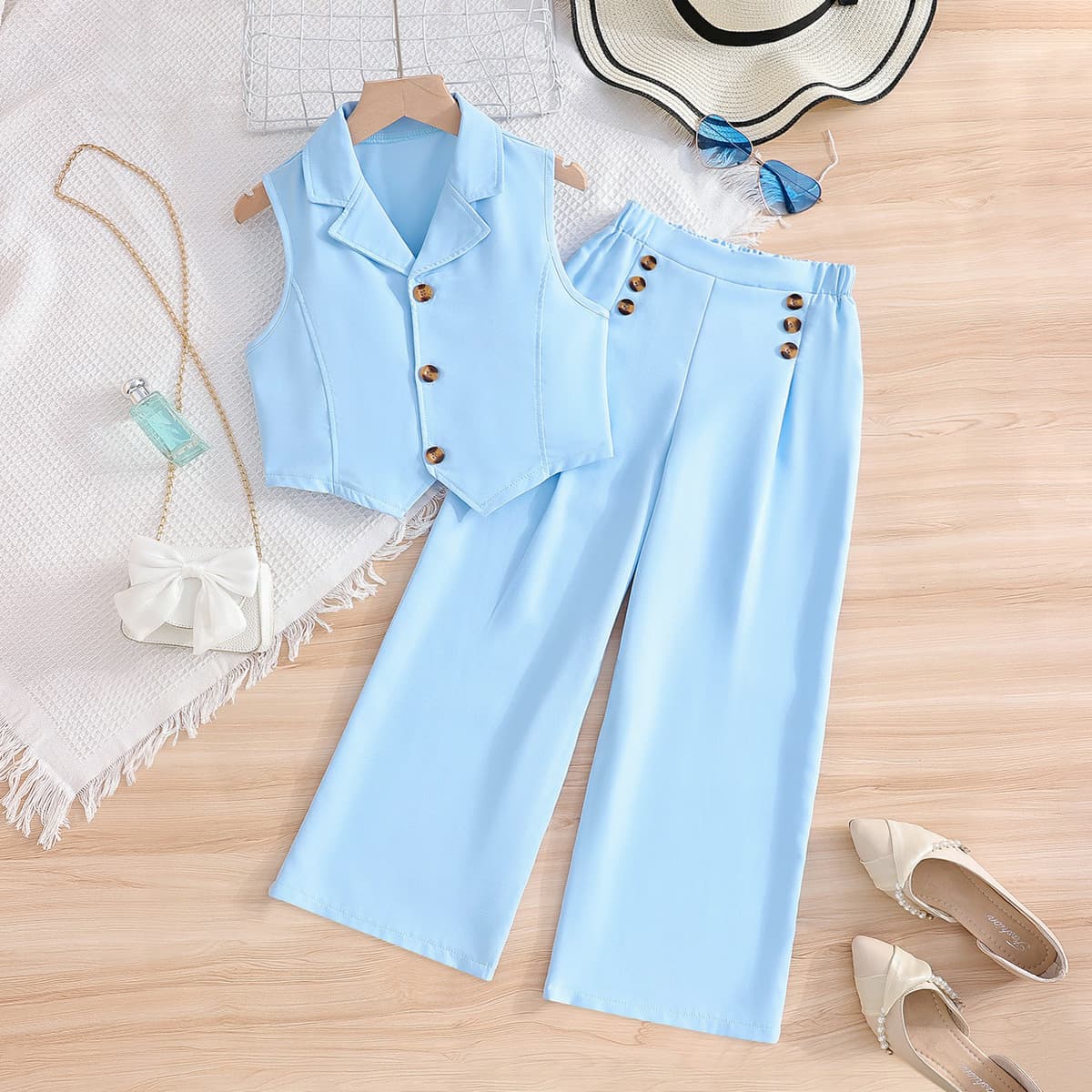 Cross-border Children's Suit Sky Blue Lapel Sleeveless Open Shirt Blazer Pants Girls Summer Casual Two-Piece Set