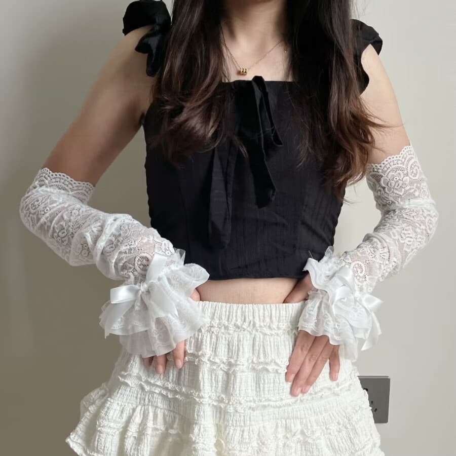 Lace Bow Gloves Ins Trend Summer Sunscreen Hollow-out Solid Color Y2K Subculture Sweet Sleeves